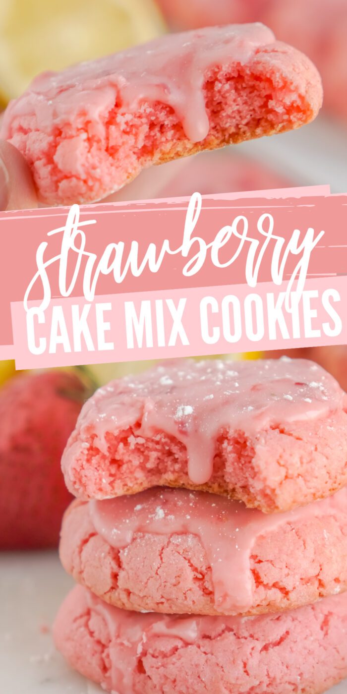 A photo of three strawberry cake mix cookies with pink icing.