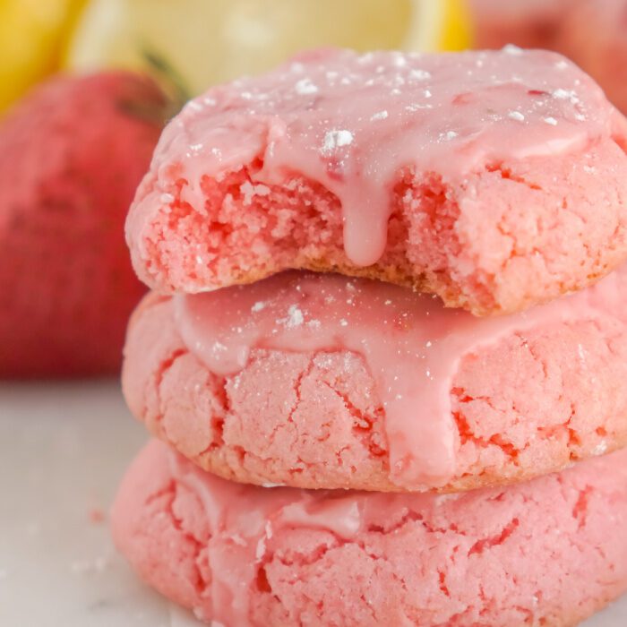 Close view of stack of 3 Strawberry Cake Mix Cookies