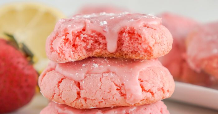 Wide view of stack of Strawberry Cake Mix Cookies