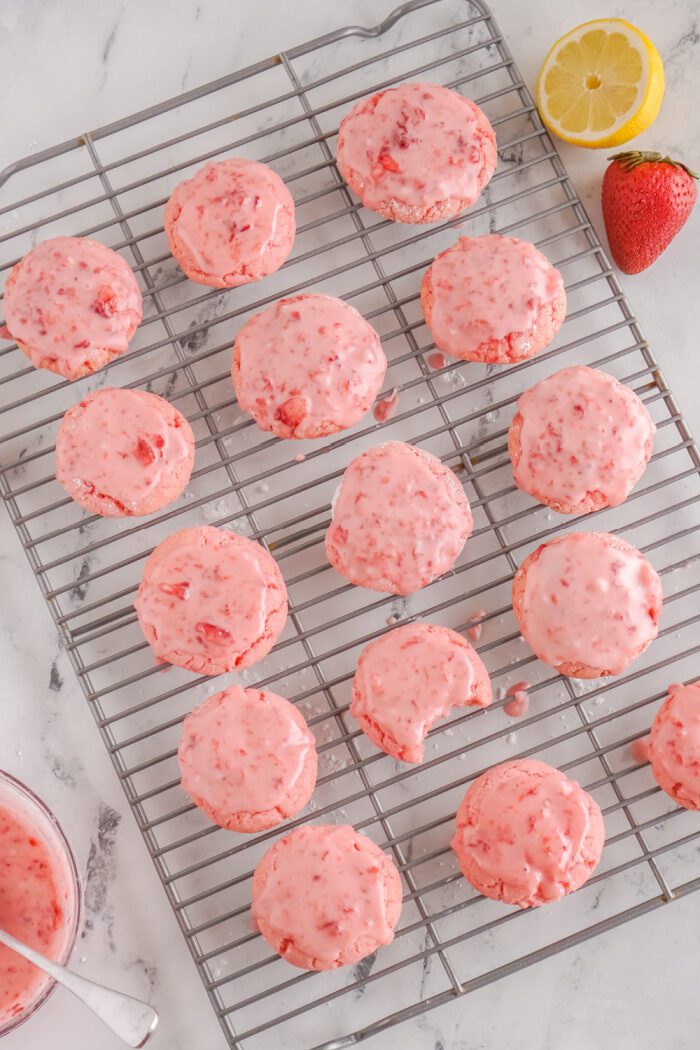 Strawberry Cake Mix Cookies with Strawberry Lemon Glaze on cooling rack