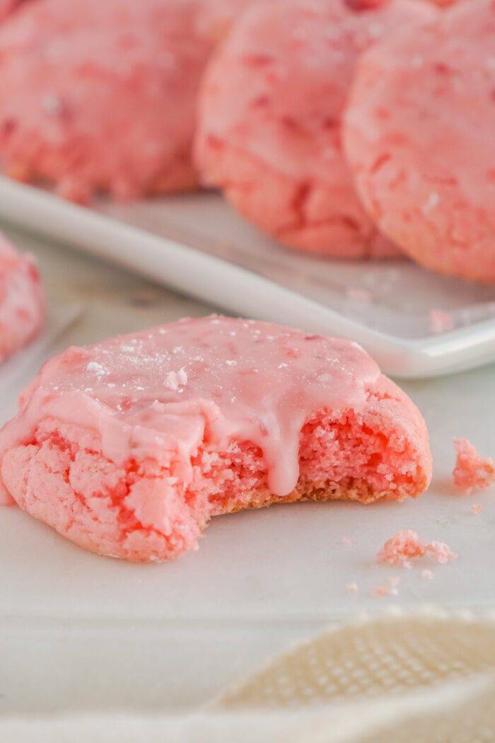 Close up of Strawberry Cookie with a bite taken out