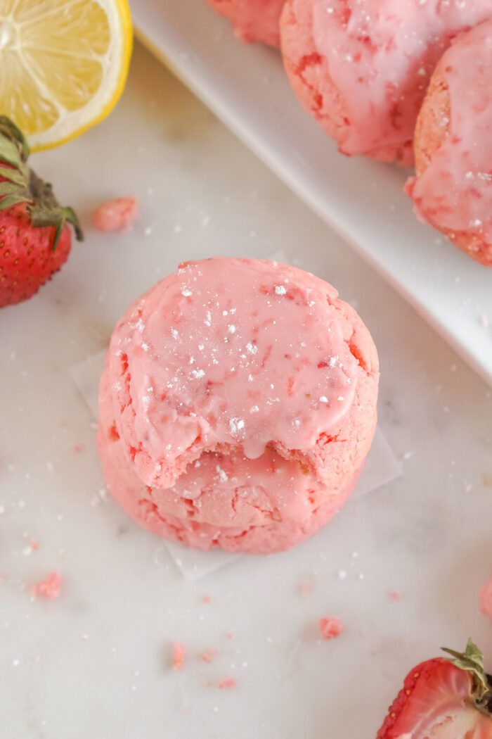 Above view of a stack of Strawberry Cake Mix Cookies