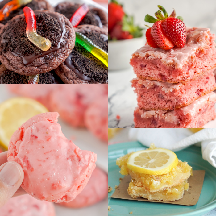 Four images of pink desserts.