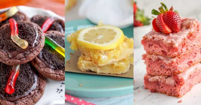 Three different desserts: chocolate cookies, lemon bars, and strawberry cake.