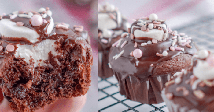 Side by side pictures of Valentine's Day Hot Chocolate Cupcakes