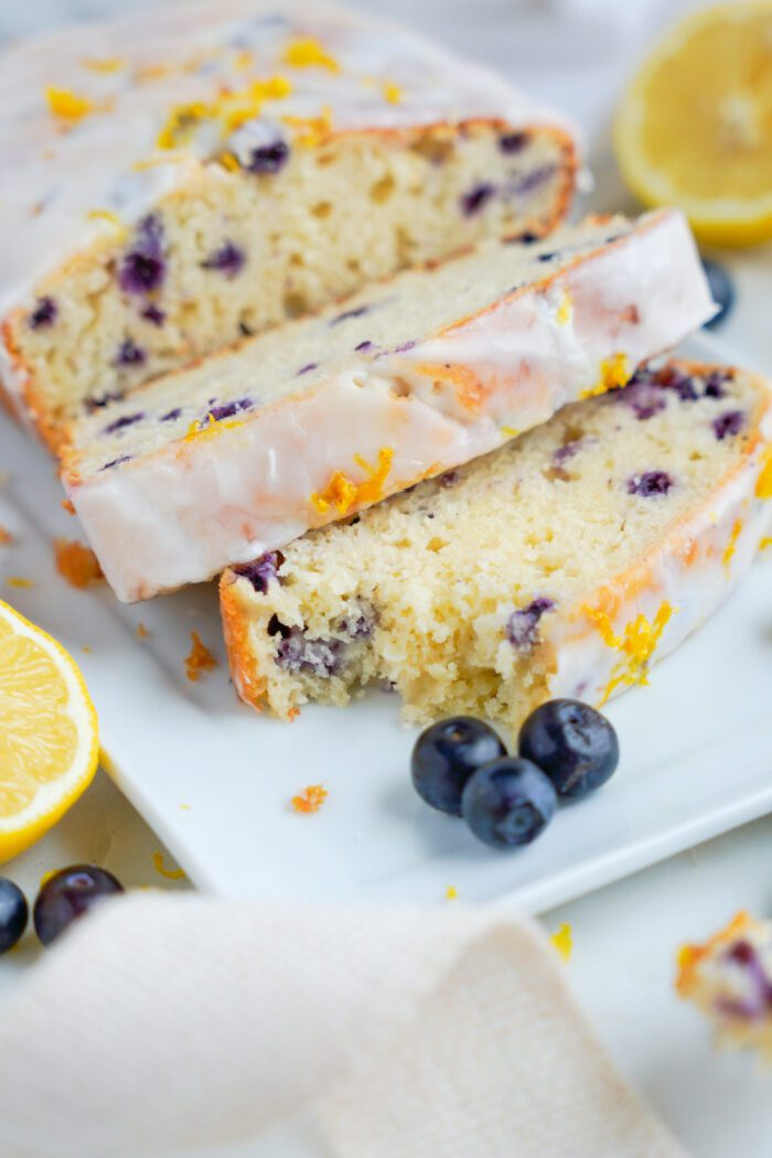 Above view of Lemon blueberry loaf slices