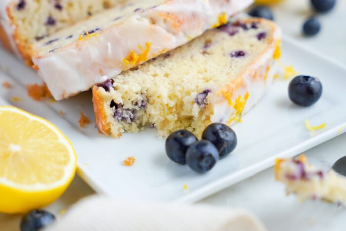 Wide view of lemon blueberry loaf slices