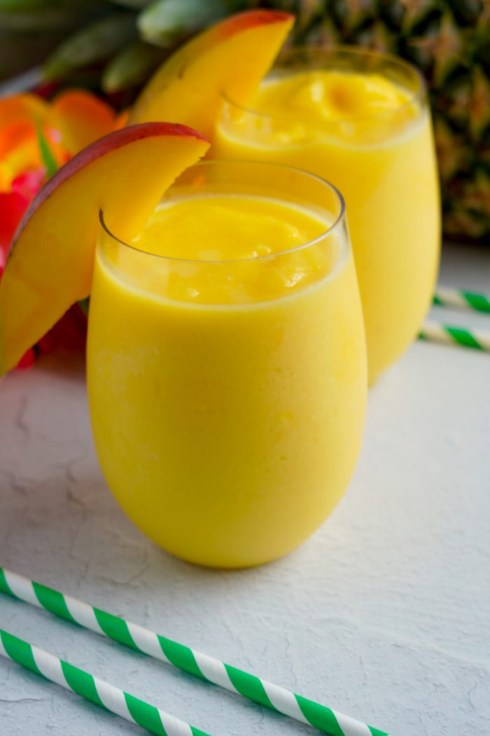 Close up view of 2 glasses of Mango Smoothies