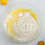 Dry ingredients being added to lemon sugar cookie bars batter