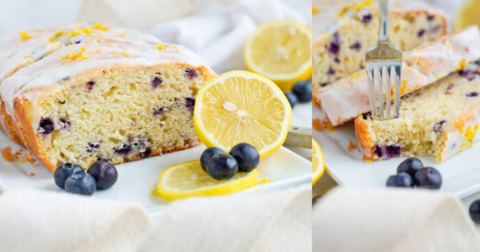 Wide view of sliced lemon blueberry loaf