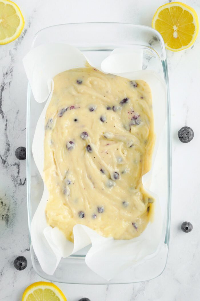 Lemon Blueberry Loaf batter in a pan