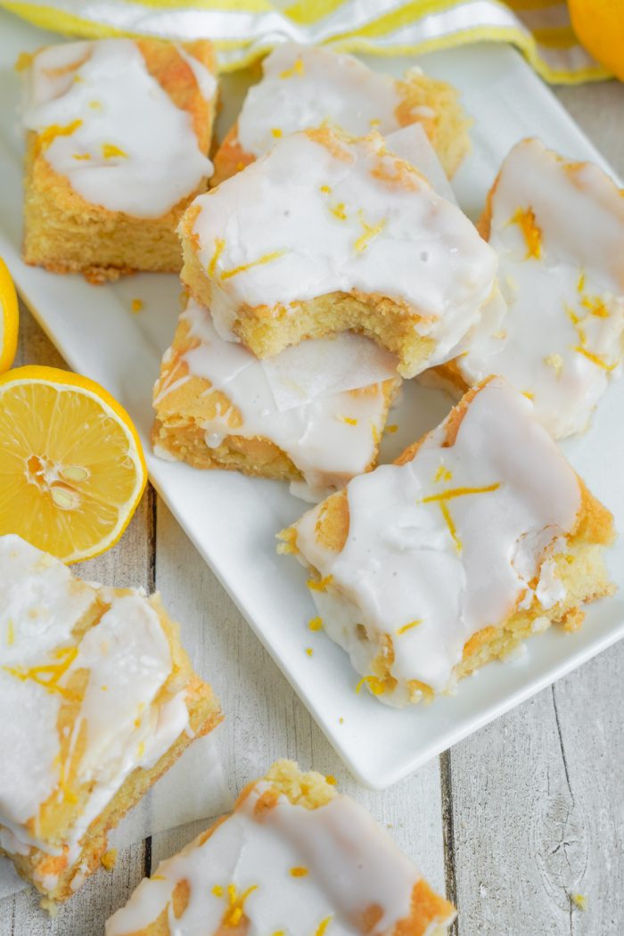 Above view of several Lemon Cookie Bars on a plate