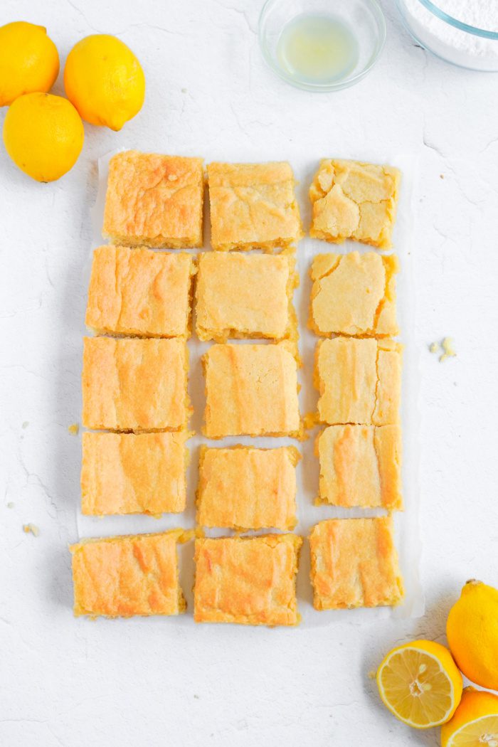 Lemon sugar cookie bars cut into squares