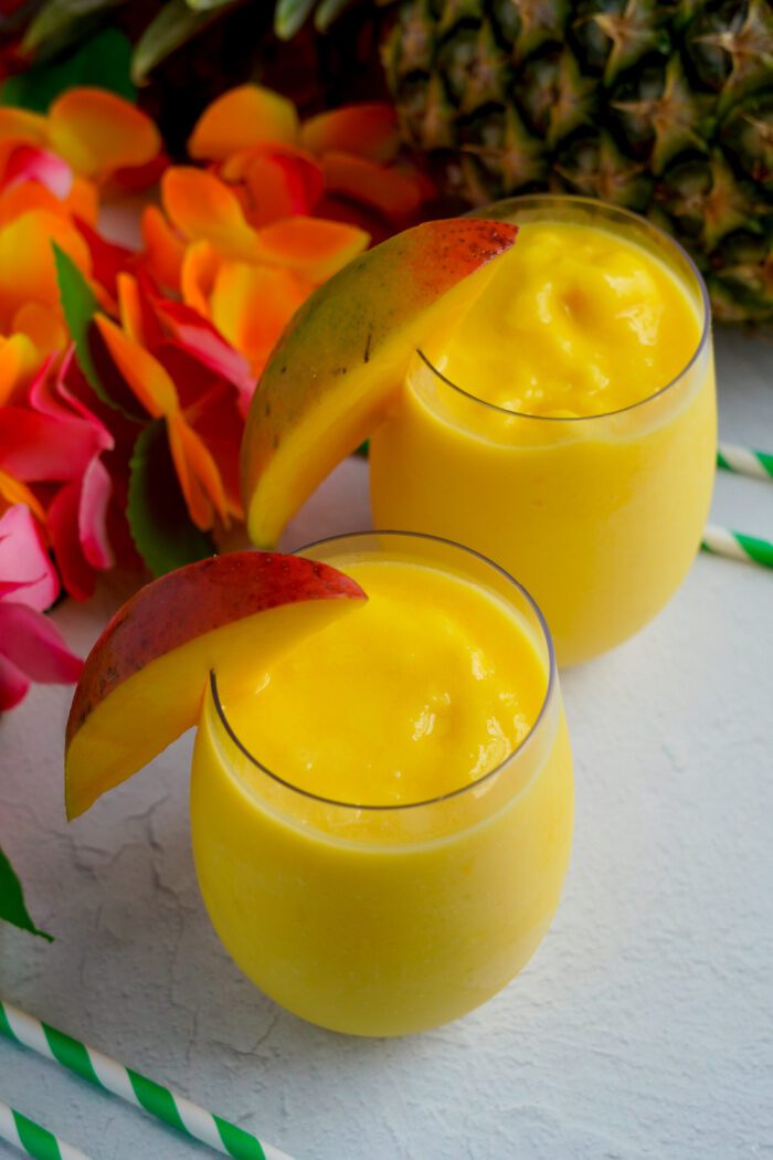 Above view of 2 glasses of Mango Pineapple Smoothie