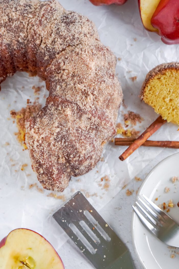 Above view of sliced Apple Cider Cake