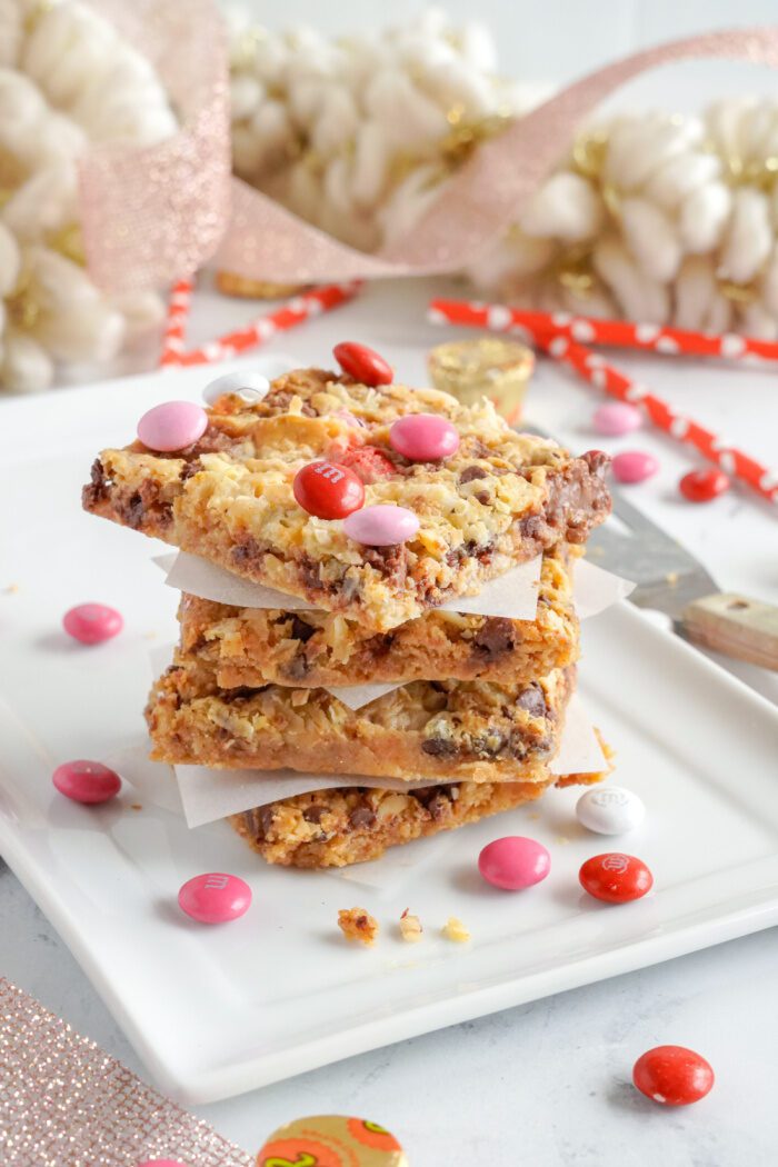 Valentine's Day Magic Bars stacked on a plate