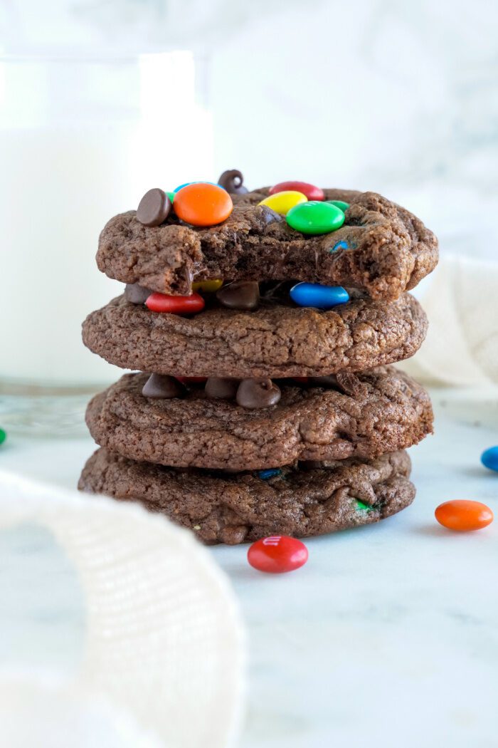 Four Chocolate M&M Cookies stacked