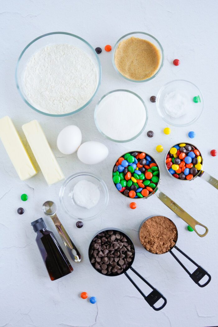 Ingredients for making M&M cookies.