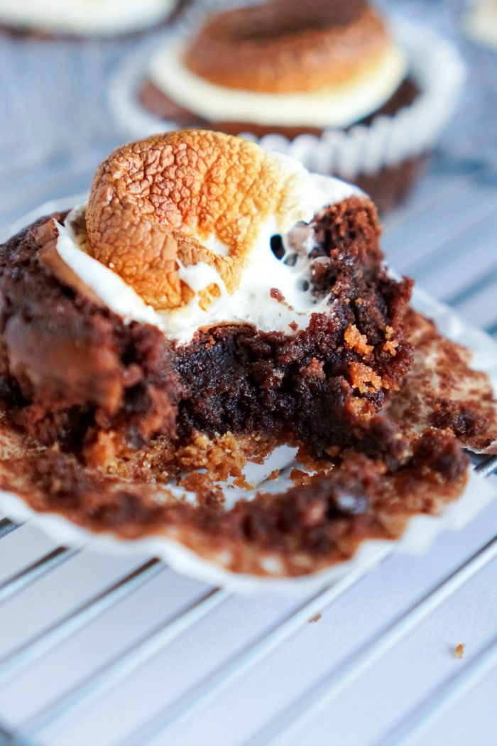 S'more Brownie cupcake with a bite taken out of it