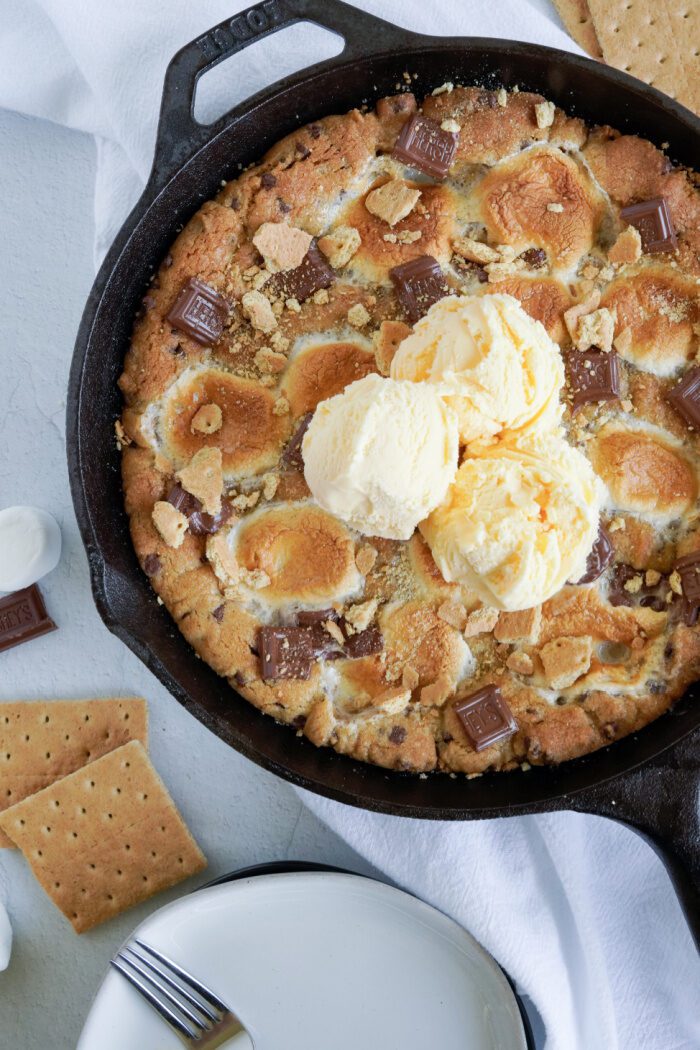 Above view of S'mores Skillet Cookie with 3 scoops of ice cream on top