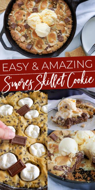 S'mores skillet cookie with marshmallows and chocolate.