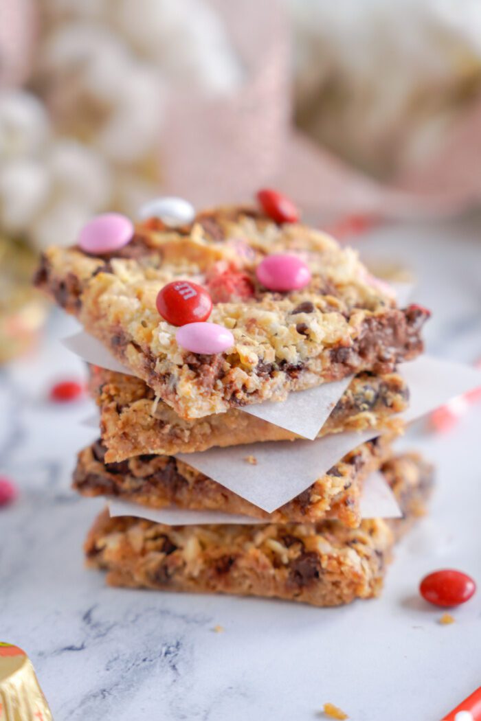 Four Valentine's Day Magic Bars stacked