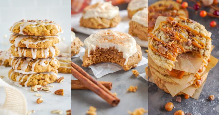 Three images of pumpkin cookies with different toppings.