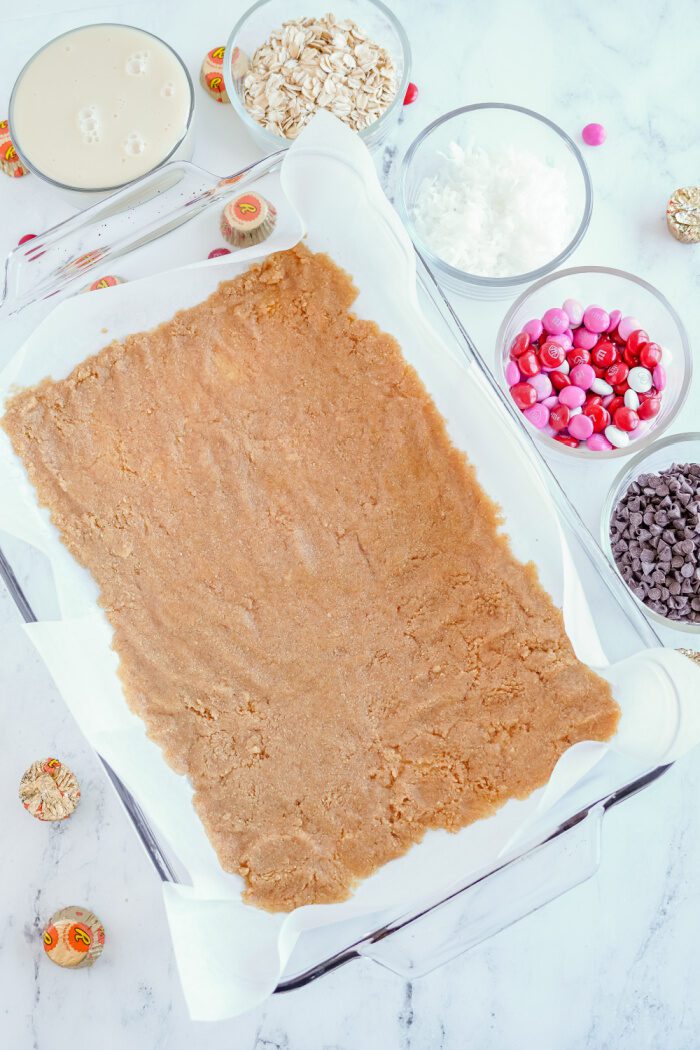 Graham cracker crust pressed into baking dish