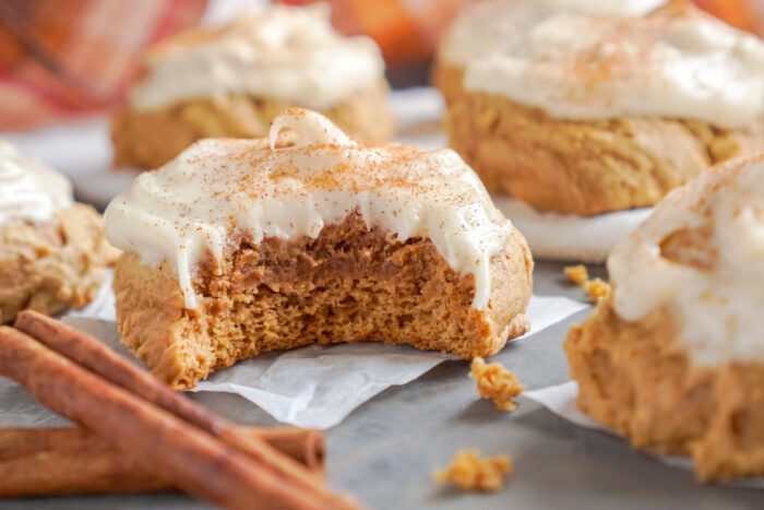 Pumpkin Cake Mix Cookie with a bite taken out of it