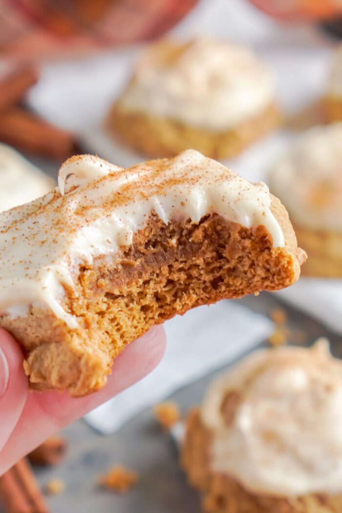 Pumpkin Cake Mix Cookie with a bite taken out