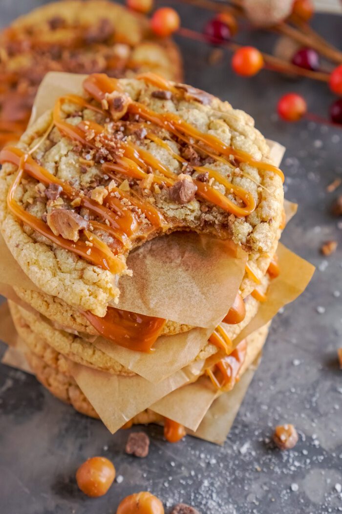 Above view of a stack of Salted caramel toffee cookies