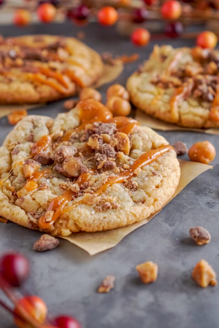 Close up view of Salted Caramel Toffee Cookie