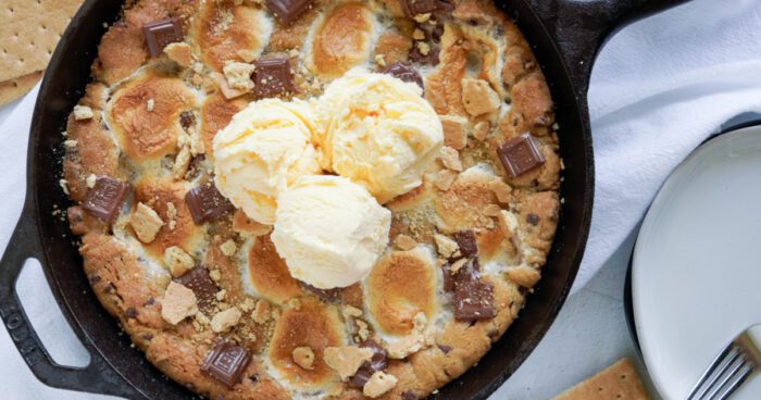 S'mores Skillet Cookie with 3 scoops of ice cream on top