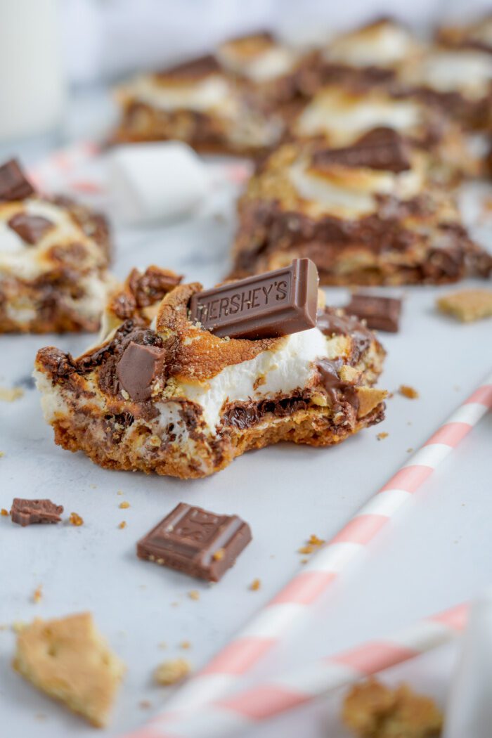 S'mores Magic Bar with a bite taken out of it
