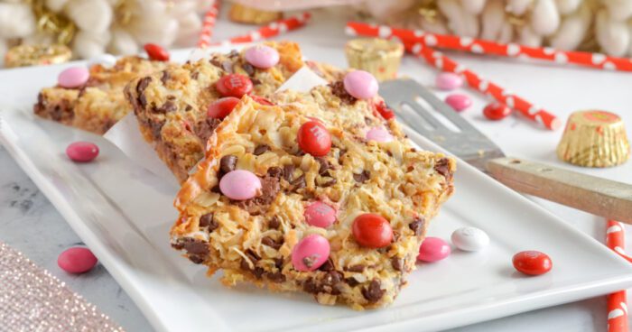 Valentine's Day Magic Bars propped up on each other