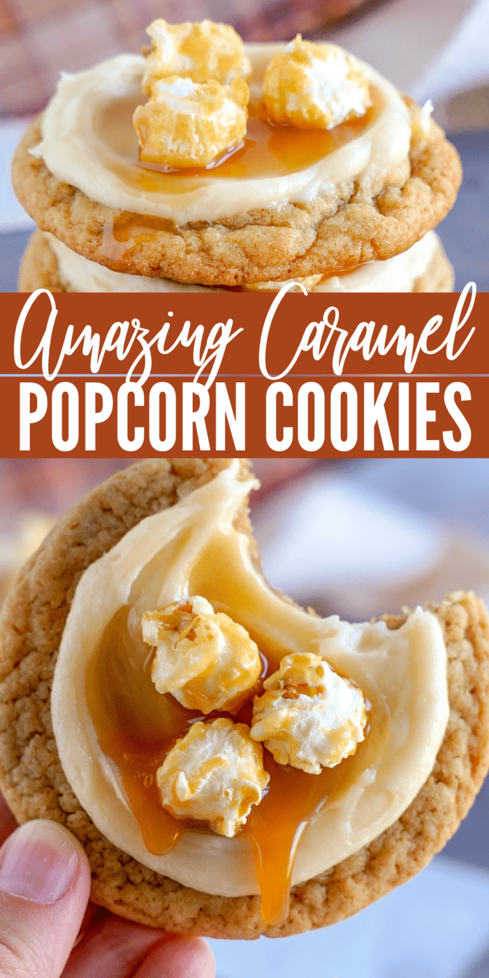 Caramel popcorn cookies with frosting and caramel drizzle.