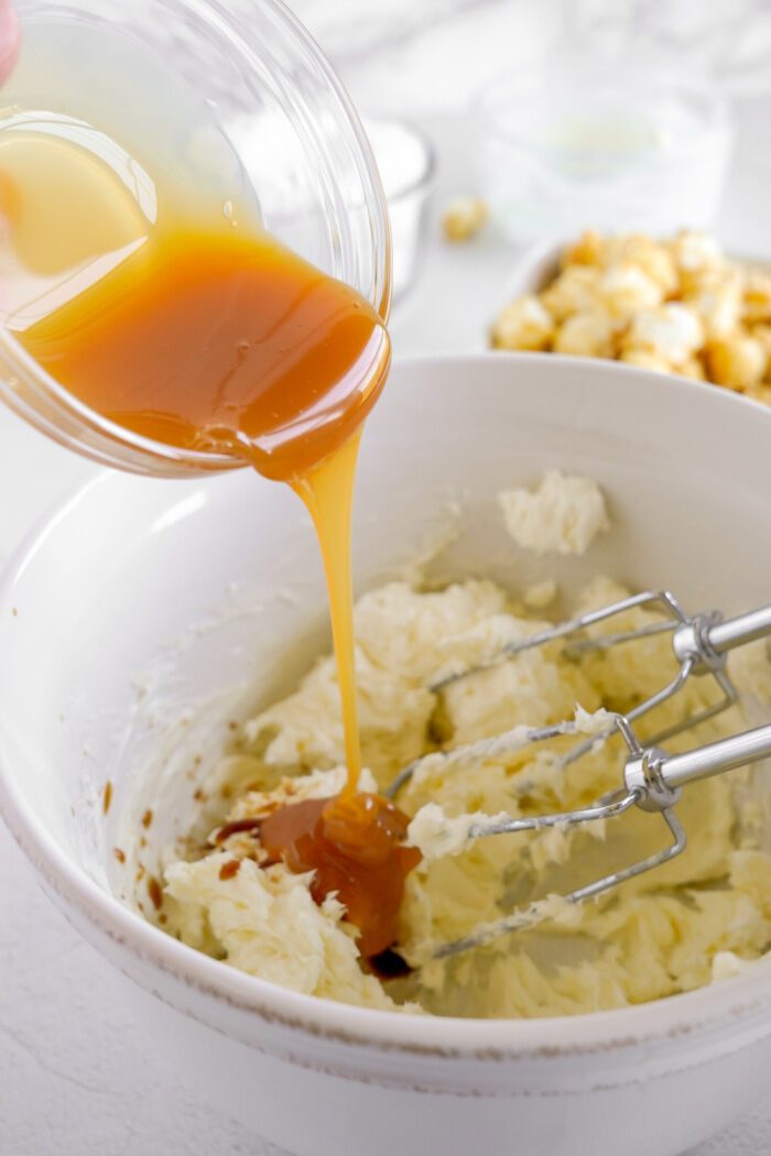 Caramel being poured into cream cheese