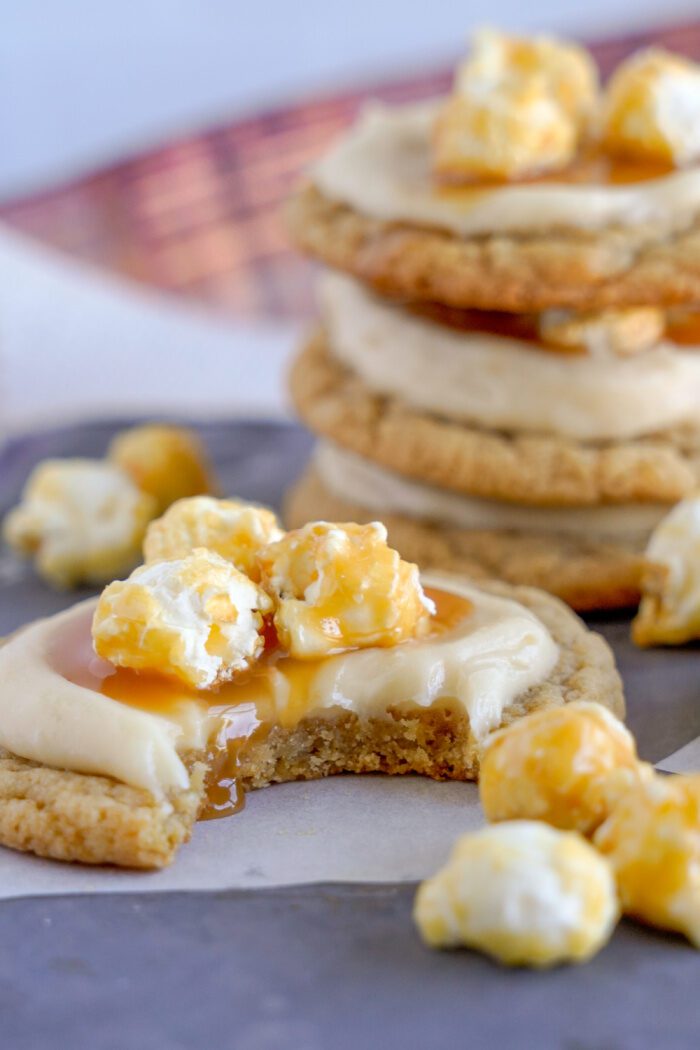 A bite taken out of Caramel Popcorn Cookie