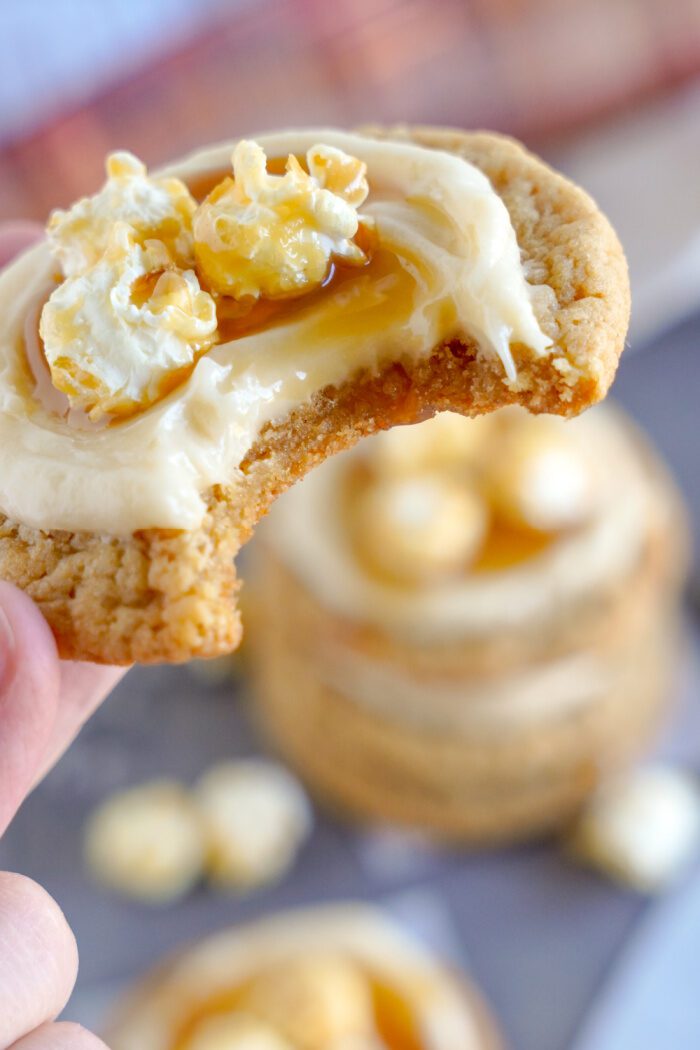 Caramel Popcorn Cookie with bite taken out