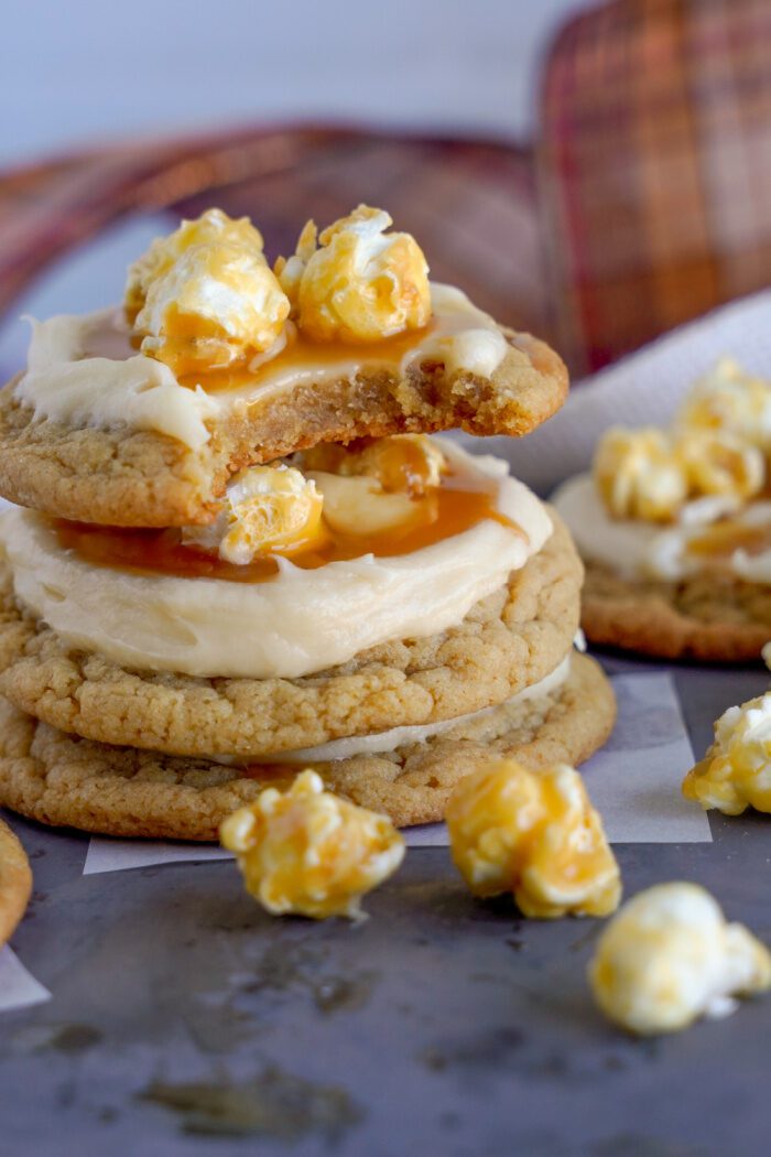 Three Caramel Popcorn Cookies stacked