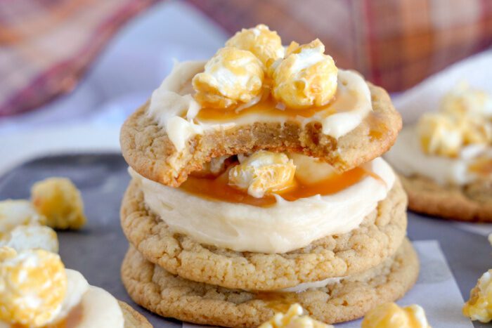 Several Caramel Popcorn Cookies stacked up