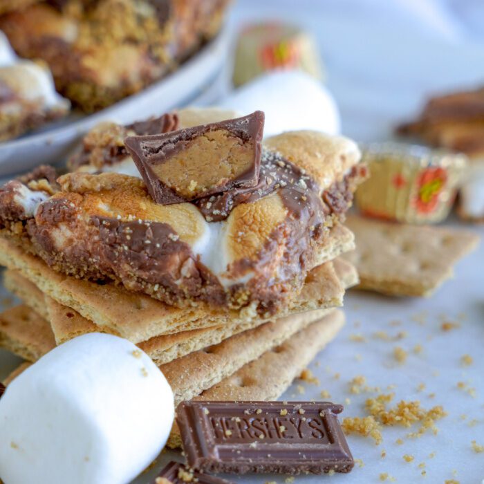 Reese's S'mores Bar on top of stacked graham crackers