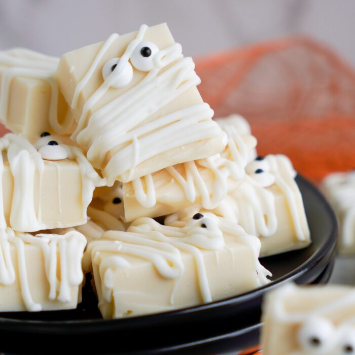 White Chocolate Mummy Fudge piled on a plate