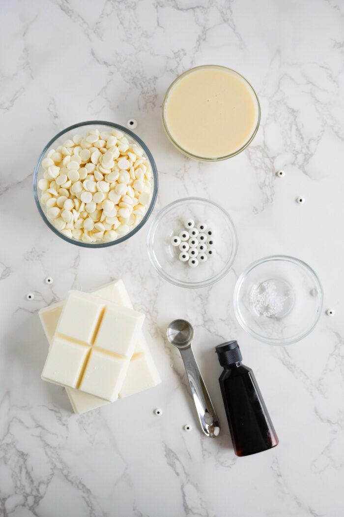 Ingredients for making white chocolate eyeballs.