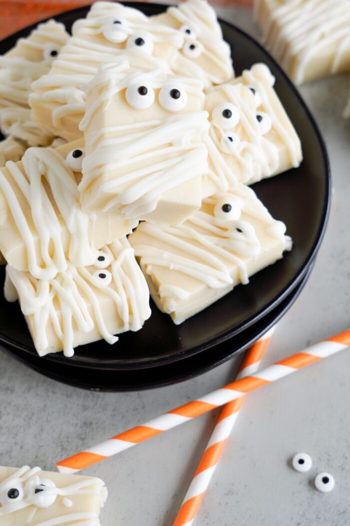 Several White Chocolate Mummy Fudge on a plate