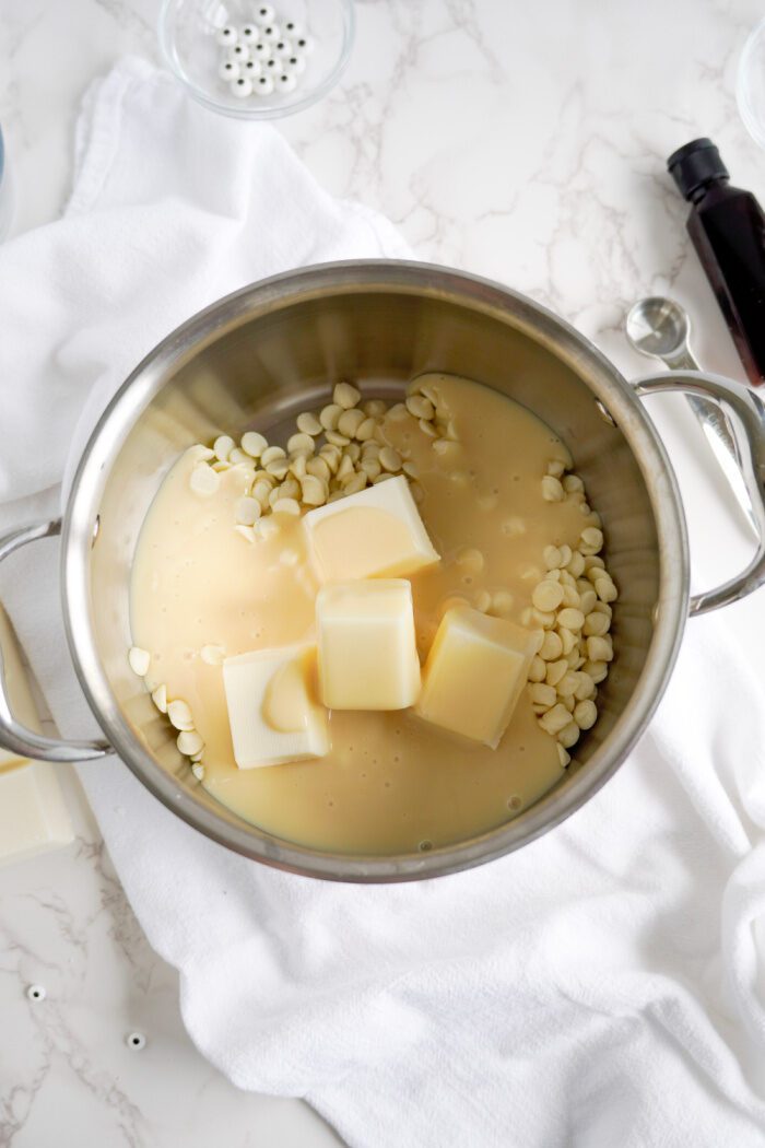 Sweetened condensed milk added to pot