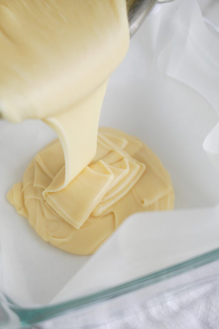 White Chocolate Mummy Fudge being poured into pan