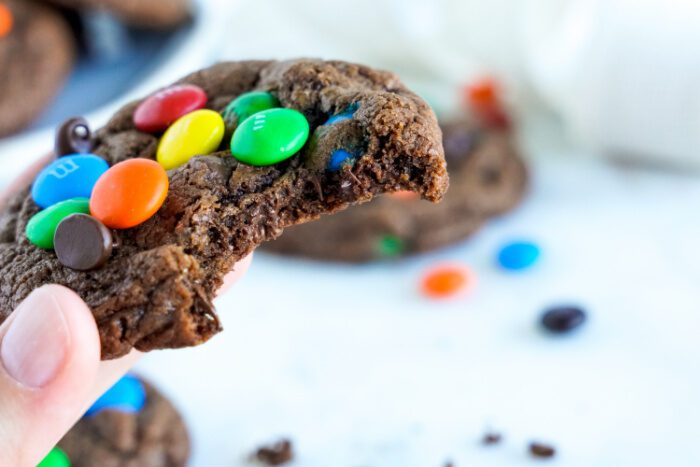 An M&M Cookie with a bite taken out