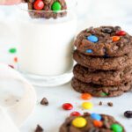 Easy Double Chocolate M&M Cookies Dipped in Milk