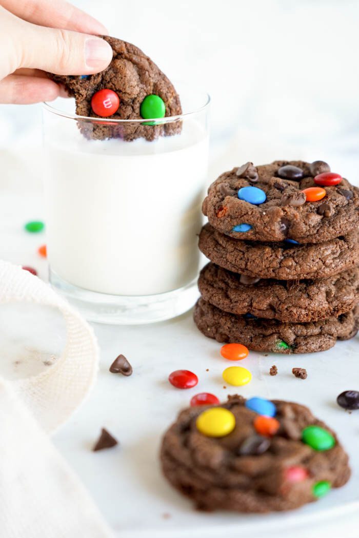 Easy Double Chocolate M&M Cookies Dipped in Milk